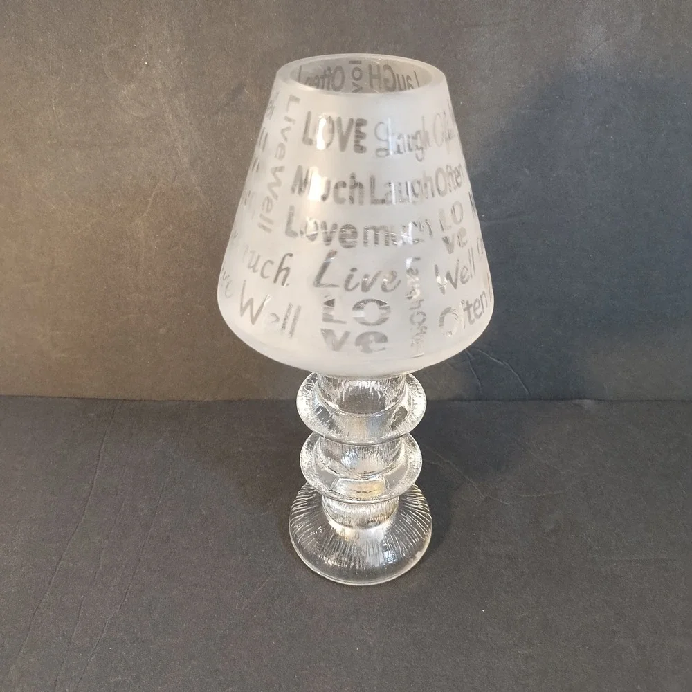 VTG Frosted Glass Fairy Lamp Tiered Pedestal Base Frosted Glass Live Love Laugh